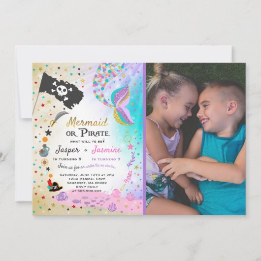 マーメイドパイレーツ誕生日招待状兄弟姉妹パーティー 招待状 (正面)