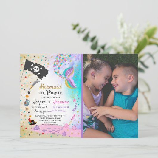 マーメイドパイレーツ誕生日招待状兄弟姉妹パーティー 招待状 (スタンド正面)
