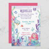 マーメイドパステルウォーターカラー誕生日招待状 招待状 (正面/裏面)