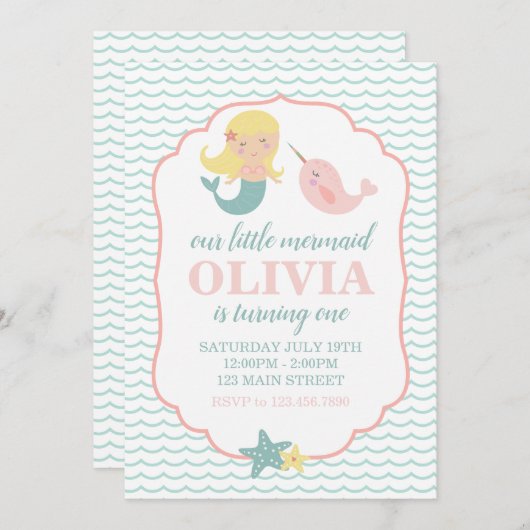 マーメイドパステルピンクの最初の誕生日パーティー 招待状 (正面/裏面)