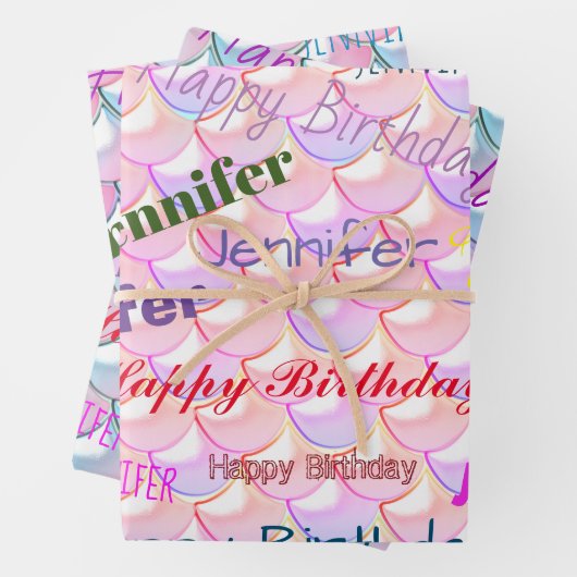 マーメイドパターン誕生日ガーリー名前をカスタムするピンク ラッピングペーパーシート (インサイチュ)