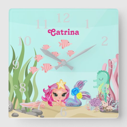 マーメイドパーソナライズされたとアクソロトル スクエア壁時計 (正面)