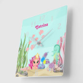 マーメイドパーソナライズされたとアクソロトル スクエア壁時計 (傾斜)