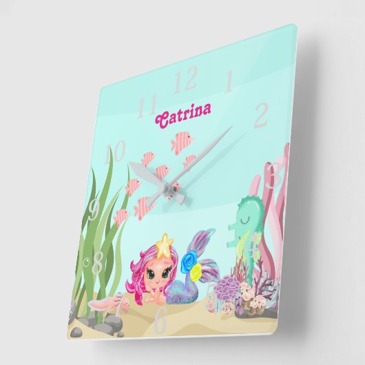 マーメイドパーソナライズされたとアクソロトル スクエア壁時計 (傾斜)