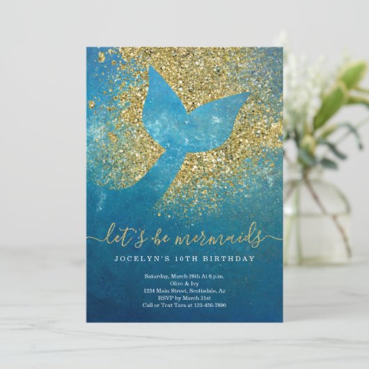 マーメイドパーソナライズされたをテーマにした誕生日パーティー 招待状 (スタンド正面)
