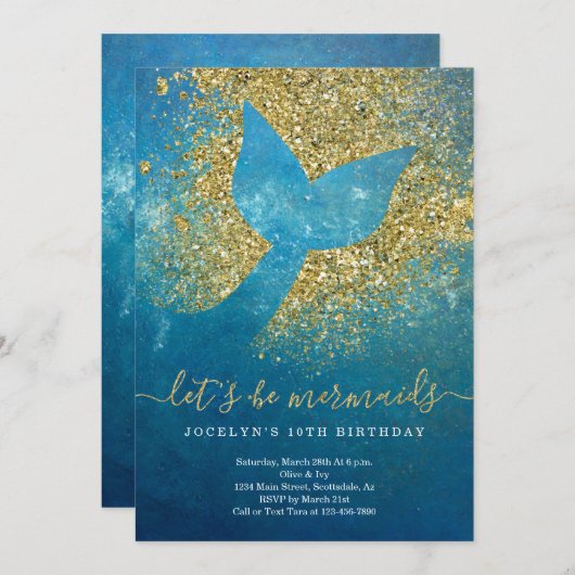 マーメイドパーソナライズされたをテーマにした誕生日パーティー 招待状 (正面/裏面)