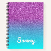 マーメイドパーソナライズされたバイオレットとアクアグリッターグラデーション ノートブック (正面)