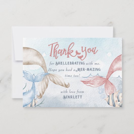 マーメイドパーソナライズされたパーティーとマーメイド・パン サンキューカード (正面)