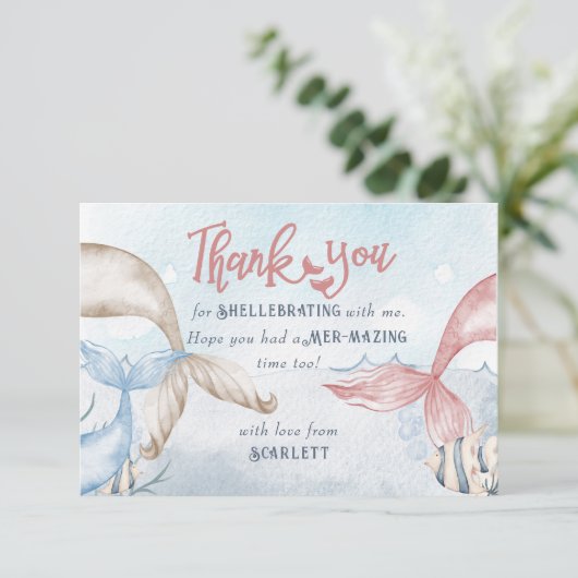 マーメイドパーソナライズされたパーティーとマーメイド・パン サンキューカード (スタンド正面)