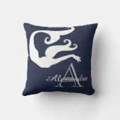 マーメイドパーソナライズされたホワイトネイビーブルーモノグラムの クッション (裏面)