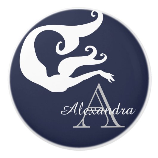 マーメイドパーソナライズされたホワイトネイビーブルーモノグラムの セラミックノブ (正面)