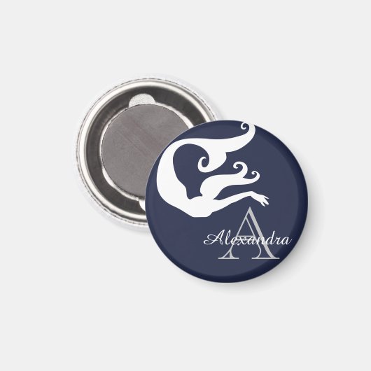 マーメイドパーソナライズされたホワイトネイビーブルーモノグラムの マグネット (正面/裏面)