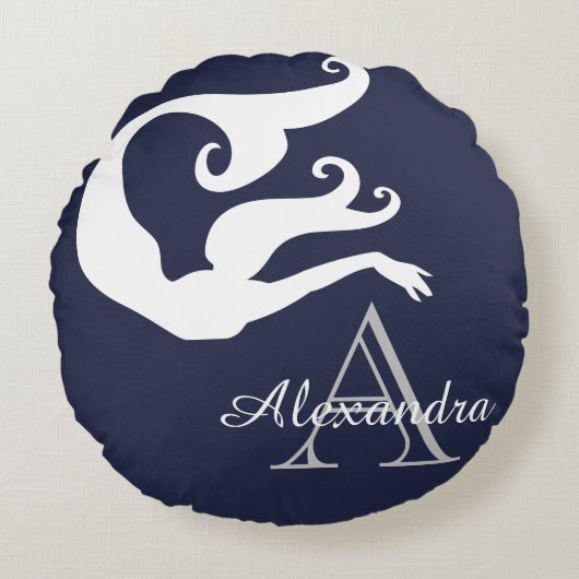 マーメイドパーソナライズされたホワイトネイビーブルーモノグラムの ラウンドクッション (正面)