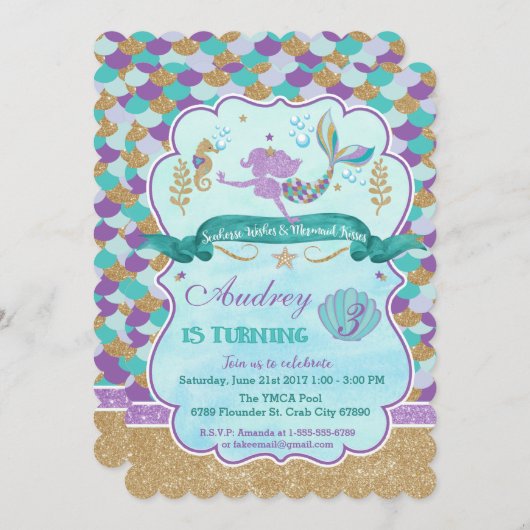 マーメイドパーソナライズされた誕生日パーティー 招待状 (正面/裏面)
