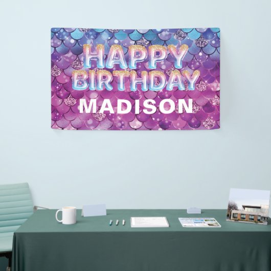 マーメイドパーソナライズされた誕生日ピンクブルーグリッター 横断幕 (トレードショー)