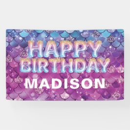 マーメイドパーソナライズされた誕生日ピンクブルーグリッター 横断幕