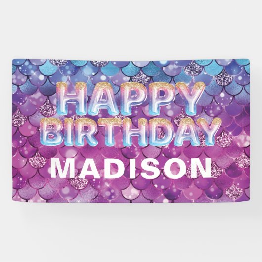 マーメイドパーソナライズされた誕生日ピンクブルーグリッター 横断幕 (横)