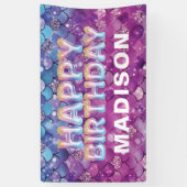 マーメイドパーソナライズされた誕生日ピンクブルーグリッター 横断幕 (縦)