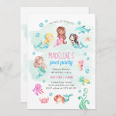 マーメイドパーティの招待状、誕生日プールパーティー 招待状 (正面/裏面)