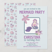マーメイドパーティーガール誕生日ティール(緑がかった色)パープル 招待状 (正面/裏面)