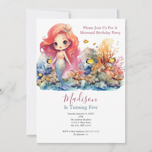 マーメイドパーティートレンディー人気がある小さな女の子誕生日 招待状 (正面)