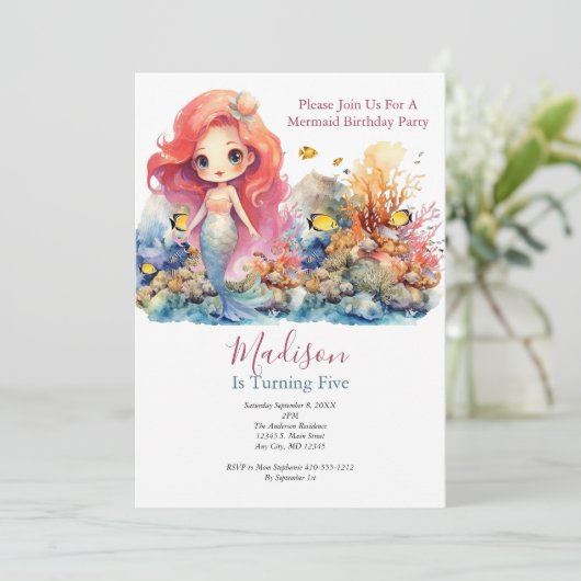 マーメイドパーティートレンディー人気がある小さな女の子誕生日 招待状 (スタンド正面)