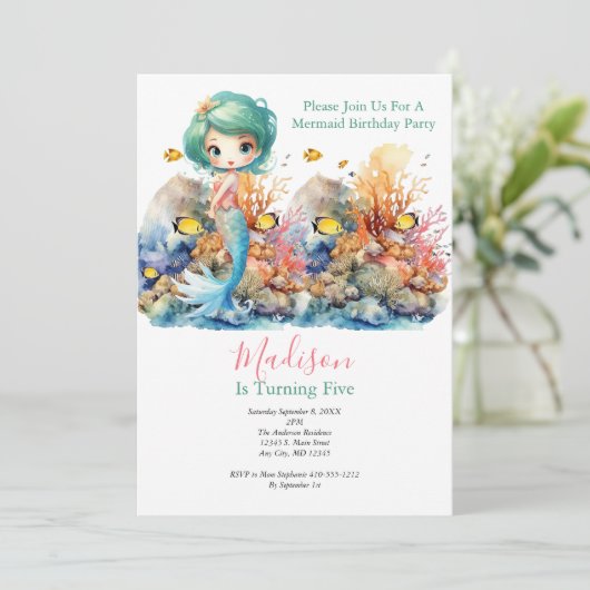 マーメイドパーティートレンディー人気がある小さな女の子誕生日 招待状 (スタンド正面)
