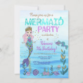 マーメイドパーティーパープルティール(緑がかった色)グリッター誕生日 招待状 (正面)