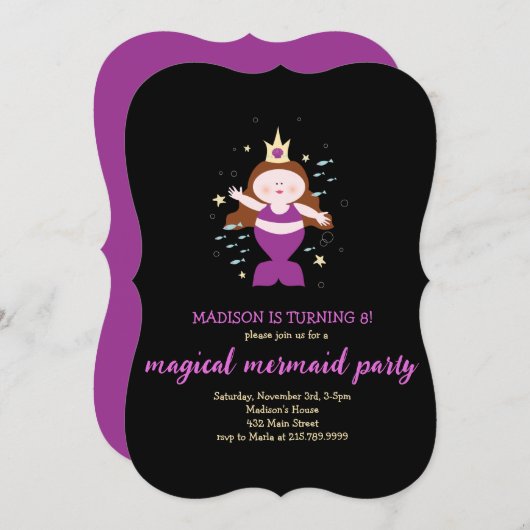 マーメイドパーティーパープル海洋生物誕生日パーティー 招待状 (正面/裏面)