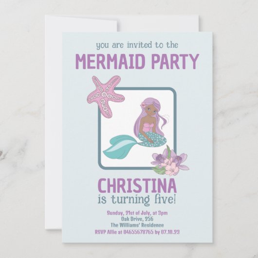 マーメイドパーティーブラックガール誕生日ティール(緑がかった色)パープル 招待状 (正面)