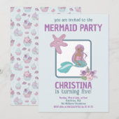マーメイドパーティーブラックガール誕生日ティール(緑がかった色)パープル 招待状 (正面/裏面)