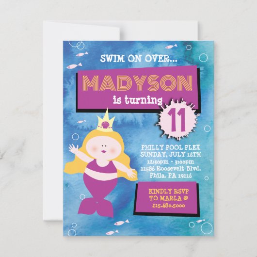マーメイドパーティーブルー絞り染めシーライフ誕生日パーティー 招待状 (正面)