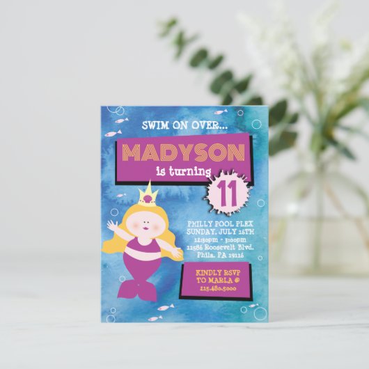 マーメイドパーティーブルー絞り染めシーライフ誕生日パーティー 招待状 (スタンド正面)