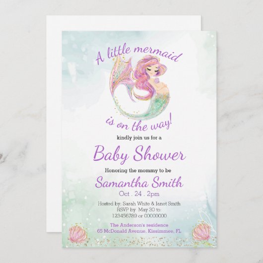マーメイドパーティーベビーシャワーグリッターの海面下 招待状 (正面/裏面)