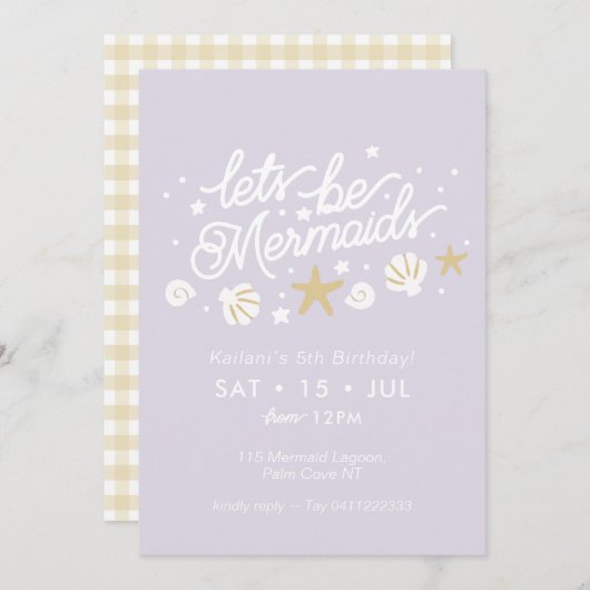 マーメイドパーティー薄紫&ギンガムガールズ誕生日 招待状 (正面/裏面)