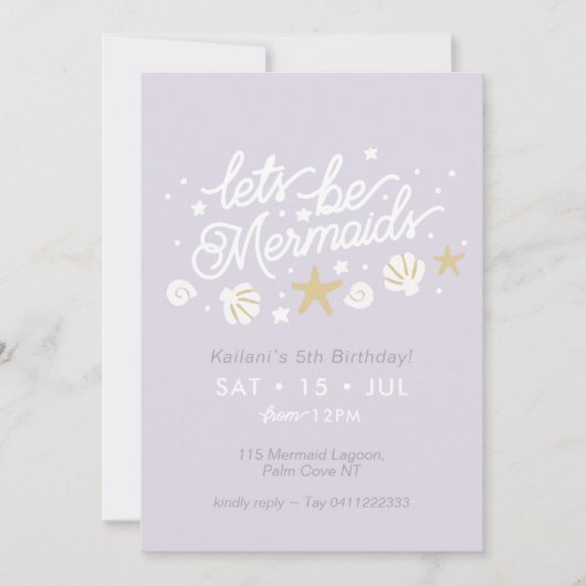 マーメイドパーティー薄紫&ギンガムガールズ誕生日 招待状 (正面)