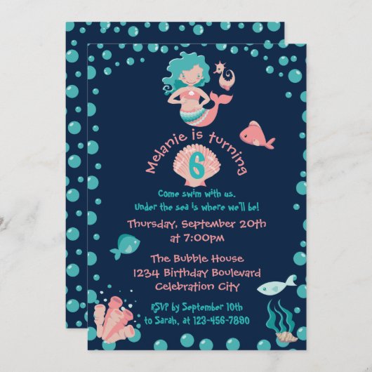 マーメイドパーティー|女の子の6歳の誕生日パーティー 招待状 (正面/裏面)