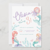 マーメイドパープルとティール(緑がかった色)誕生日パーティー 招待状 (正面)