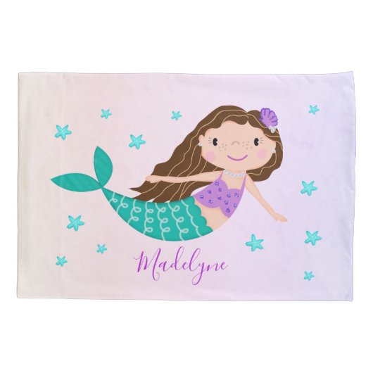 マーメイドパープルグリッターコーパーソナライズされたラル名 枕カバー (裏面)