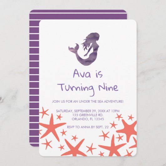 マーメイドパープルスターフィッシュ誕生日招待状 招待状 (正面/裏面)