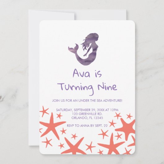マーメイドパープルスターフィッシュ誕生日招待状 招待状 (正面)