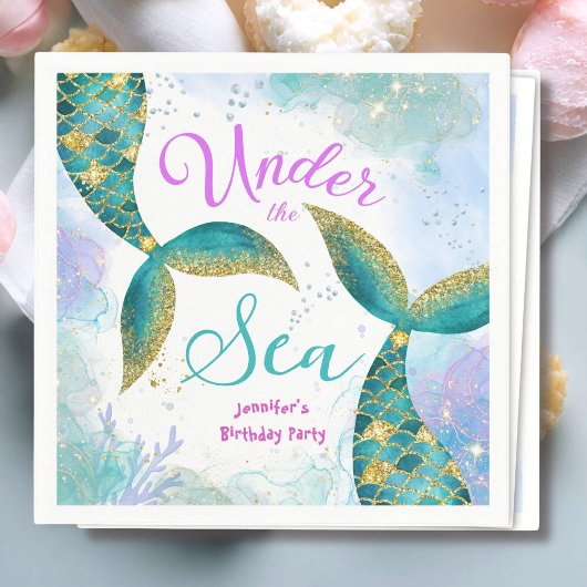 マーメイドパープルティール(緑がかった色)ガールズバースデーパーティー スタンダードカクテルナプキン