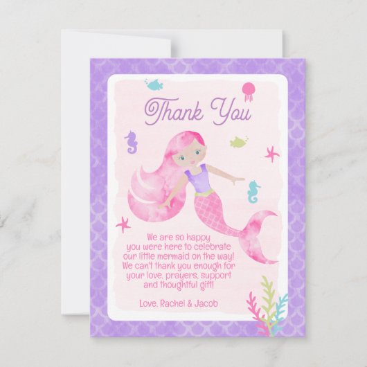 マーメイドパープルピンク水彩赤ちゃんシャワー サンキューカード (正面)
