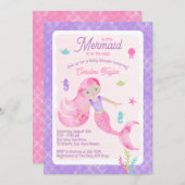 マーメイドパープルピンク水彩赤ちゃんシャワー 招待状 (正面/裏面)