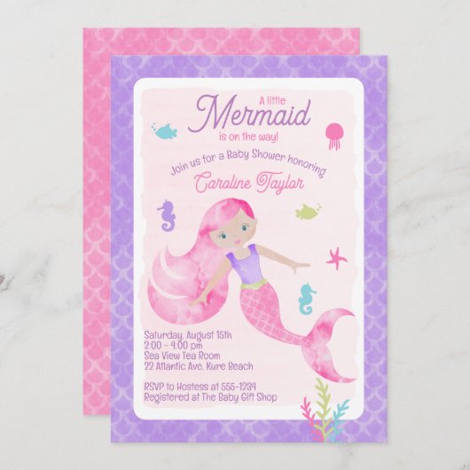 マーメイドパープルピンク水彩赤ちゃんシャワー 招待状 (正面/裏面)