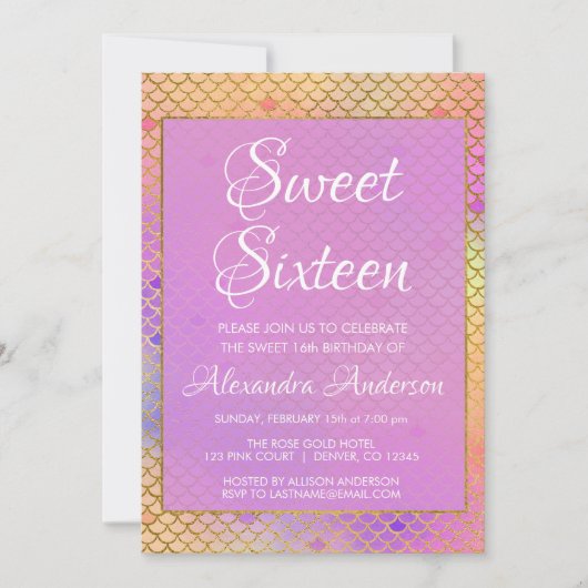 マーメイドパープル、ピンクとイエロースウィート16誕生日 招待状 (正面)