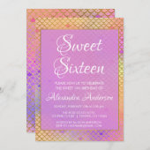 マーメイドパープル、ピンクとイエロースウィート16誕生日 招待状 (正面/裏面)