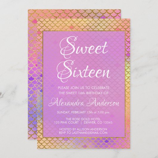 マーメイドパープル、ピンクとイエロースウィート16誕生日 招待状 (正面/裏面)