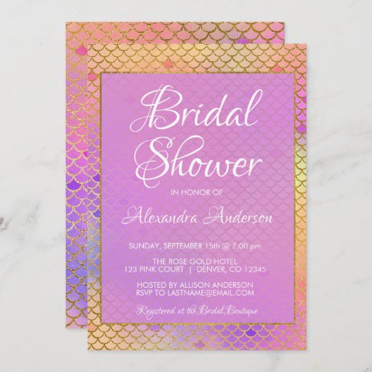 マーメイドパープル、ピンクとイエローブライダルシャワー 招待状 (正面/裏面)