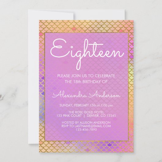 マーメイドパープル、ピンクとイエロー18誕生日 招待状 (正面)
